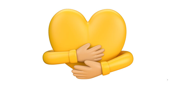 Yellow hugging heart emoji, 3D glossy heart with hands embracing, care and support symbol on white background