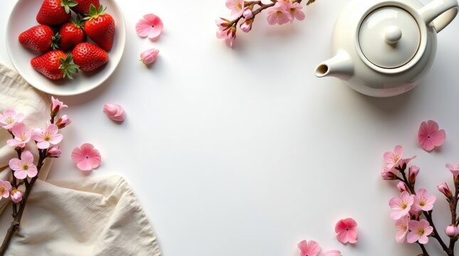 Fondo de desayuno de una ma&ntilde;ana de primavera con una tetera de cer&aacute;mica, fresas frescas y espacio para texto