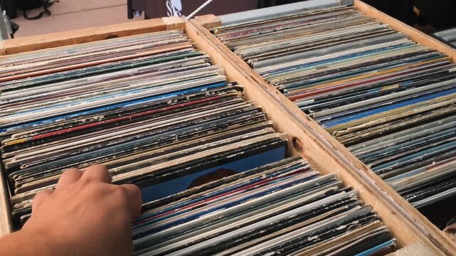 A shopper flips through crates of vintage vinyl records at Market in the Park et in City Park Denver Colorado