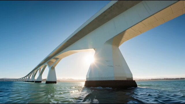 A white, modern bridge across the strait in the bright sun. Low-angle shot, sturdy reinforced concrete structure, sea waves, and a clear blue sky.