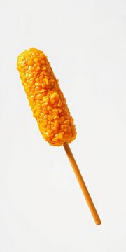 Golden crispy corn dog on a stick isolated on white background, isolated, white