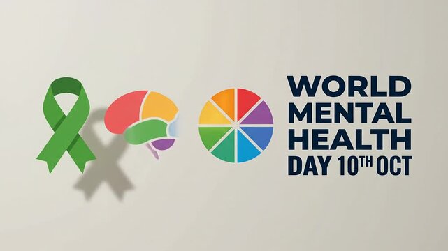 World Mental Health Day concept animation with green ribbon, colorful brain icon and text on October 10th.