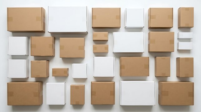 Many cardboard shipping boxes and white parcels arranged in a flat lay pattern from above view. household chemical boxes