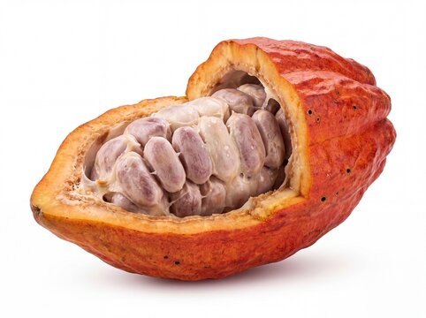 Fresh ripe cocoa pod cut open showing white beans