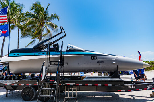 Miami, Florida, USA - May 22, 2025: Boeing FA-18 Super Hornet supersonic fighter jet for United States Navy. Military aircraft Boeing FA-18. Supersonic fighter jet Boeing FA-18