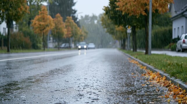 Heavy rain falling on a wet street with autumn leaves on the curb