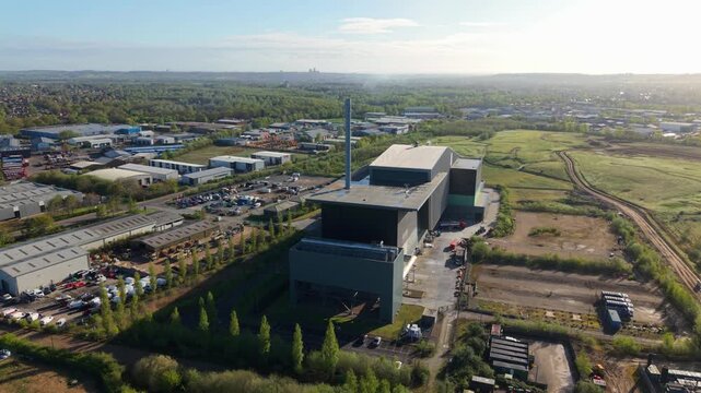 Aerial wide view of modern energy recovery facility and waste to power plant in Lincoln UK
