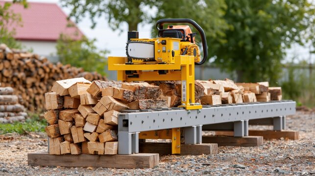 Automated log splitter machine processing firewood with a chainsaw attachment