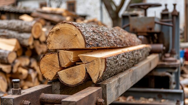 Wood splitter machine processing logs for firewood in an outdoor setting