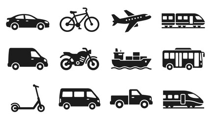 Fototapeta premium Corporate Black and White Icons Set of Various Transportation Vehicles for Business Presentations and Websites