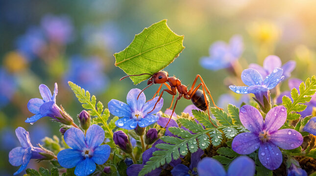 A vibrant close-up shot of an ant diligently carrying a green leaf, surrounded by colorful flowers, symbolizing hard work and the intricate beauty of nature in action.