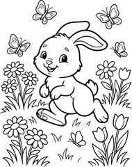 Fototapeta premium Cute cartoon bunny rabbit playing in a flower meadow
