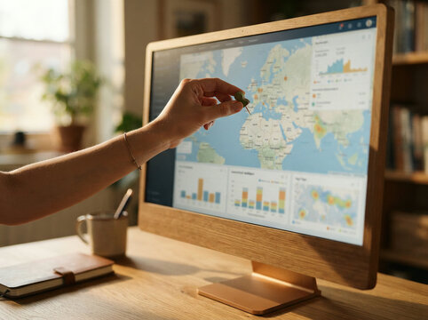 Hand reaching towards a monitor showing a world map of regional sales data
