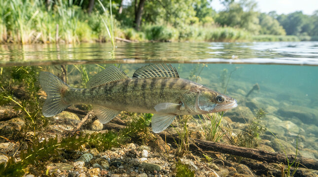 Perch swimming under the waterline with a grassy green bank in the distance