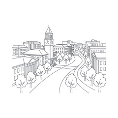 Naklejka premium Dynamic Black and White Line Drawing of University Campus with Clock Tower Trees and Pathways with high quality professional line art symbols for modern creative design and digital branding projects
