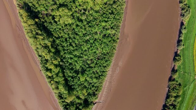 Elevated drone shot of silt-laden brown water flowing past vegetated river island in tidal reaches of Ouse