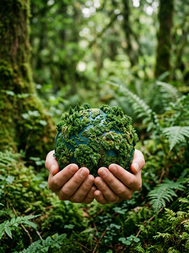 Two hands cupping a mossy globe with tiny trees in a deep green forest