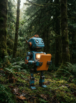 Small blue vintage robot holding an orange box in a mossy dark green forest