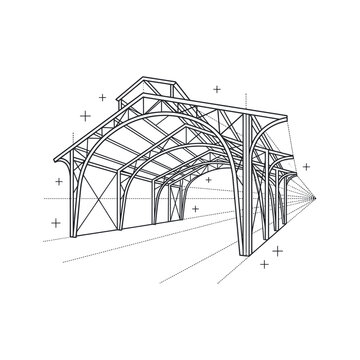 Professional Black and White Architectural Diagram of Complex Steel Truss Bridge Structural Framework
