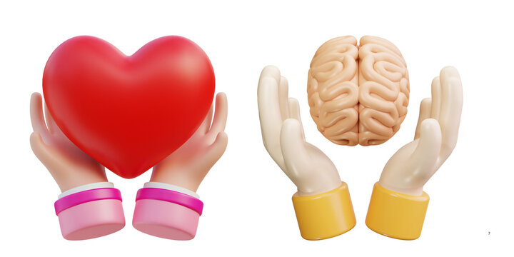 3D cartoon hands holding red heart and human brain, mental health and emotional intelligence concept, balance between logic and feelings