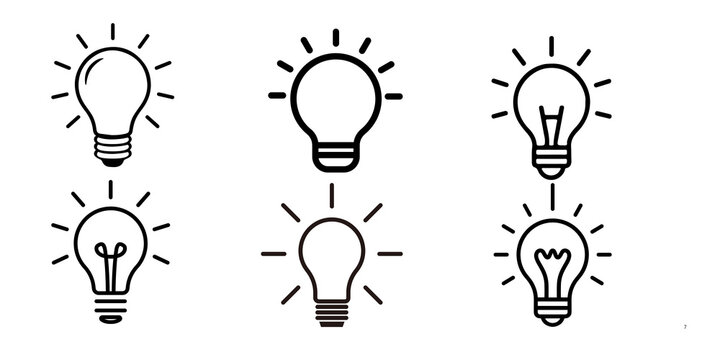 Minimalist light bulb icon set, black line art lightbulb collection, creative idea and innovation symbols for business branding