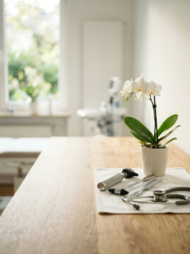 White orchid beside a stethoscope and reflex hammer on a folded linen towel