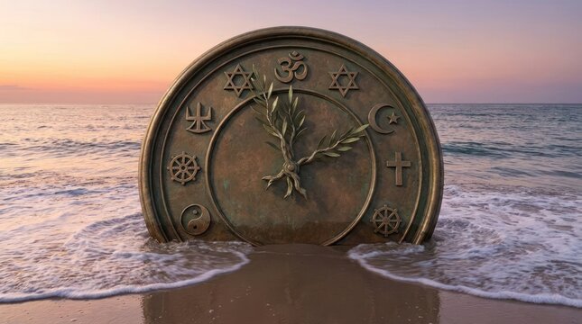 Religious symbols clock in ocean waves at sunset.