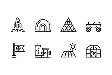 Space Exploration Icon Set Featuring Rocket Satellite Rover and Lunar Habitat © Icon Nest