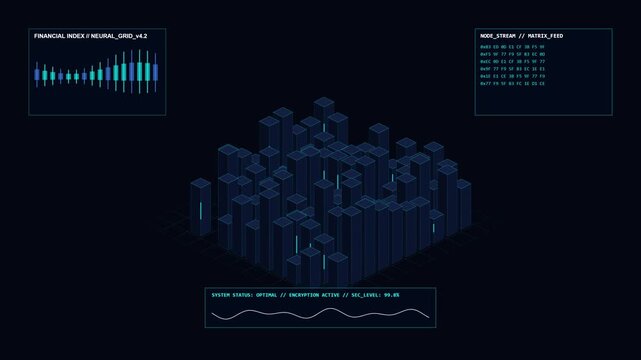Futuristic 3D Isometric Digital Cityscape and Data Visualization Interface in Neon Blue