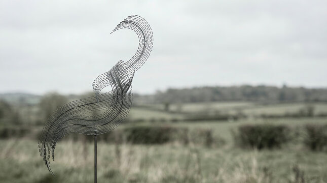 Perforated metal bird sculpture on a slender pole in a grassy open field