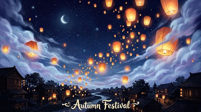 A breathtaking view of the mid autumn festival showcasing illuminated sky lanterns and a vibrant city skyline under the moonlight