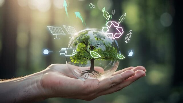 Vibrant video of a hand holding a globe with a tree symbolizing nature and environmental protection
