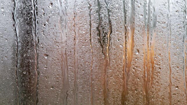Abstract vertical lines of water droplets running down a textured glass surface