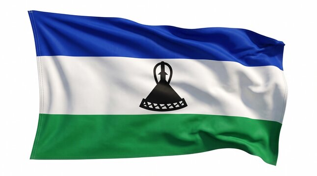 Realistic Waving Lesotho National Flag Isolated on White Background