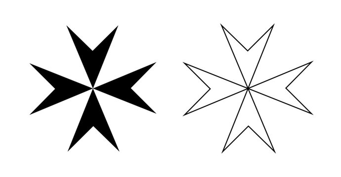 Maltese cross black contour, black outline symbol from civil flag of Malta. Set of Maltese cross sticker, silhouette logos.