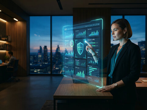 Woman interacting with a holographic analytics panel at a dusk window in daylight