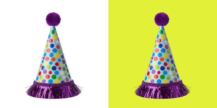 Colorful polka dot party hat with purple fringe