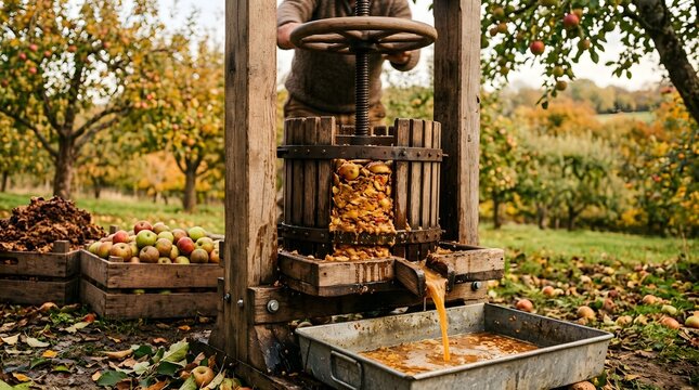 Traditional Apple Press Operating During Cider Season