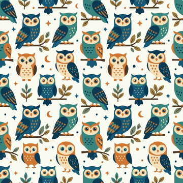 Cute colorful owl pattern vector seamless background illustration. EPS Editable