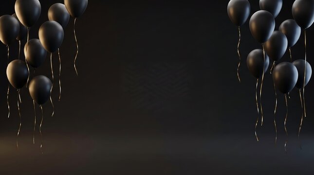 Black balloons with gold strings on dark background