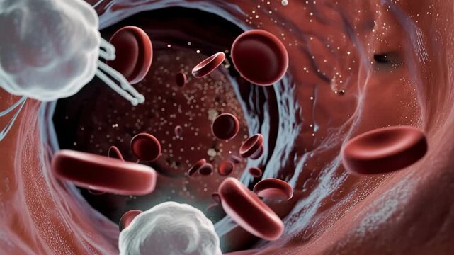 Explore the vibrant world inside the bloodstream showing dynamic cellular interactions and microscopic life