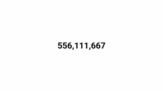 Number counter animation from 0 to 1,000,000,000 on transparent background, Animated counting numbers count up to one billion for likes, views & amount concepts.

