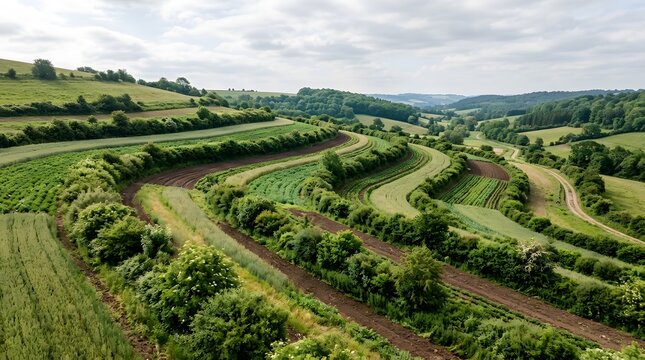 Contour Hedgerows Preventing Erosion on a Farm Slope