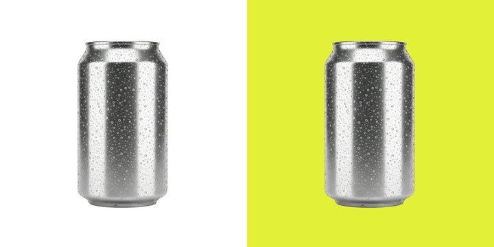 Cold silver beverage can with water droplets