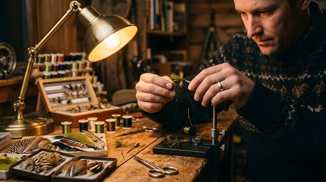 Angler Tying a Fly at a Desk Lamp