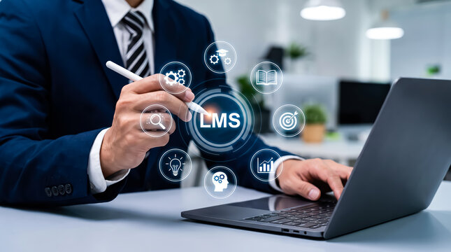 Businessman interacting with virtual lms learning management system icons on futuristic digital interface in modern office