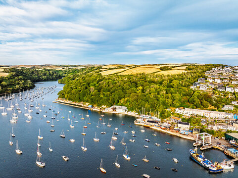 Polruan over River Fowey from a drone, Cornwall, England