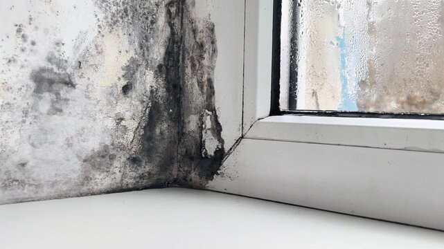 window with water droplets and mold forming along edges of frame. wet surface indicates high humidity and poor ventilation, causing growth of fungus.