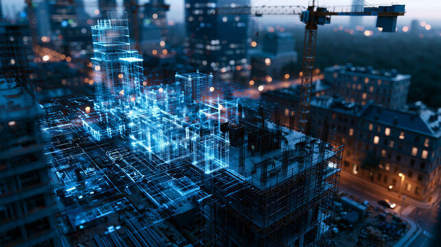 Digital Twin Wireframe Hologram on City Construction Site