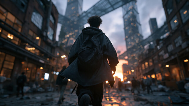 Man Running Through Dystopian Futuristic Ruined City